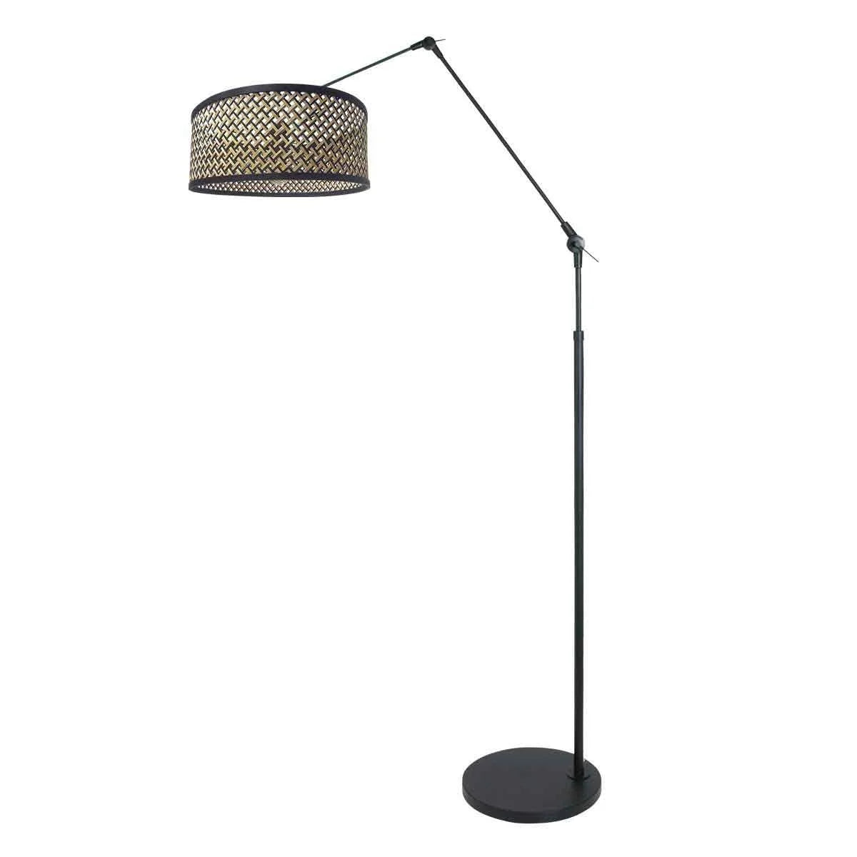 Lampadaire en métal noir avec abat-jour tressé ajouré orientable, hauteur 150 cm