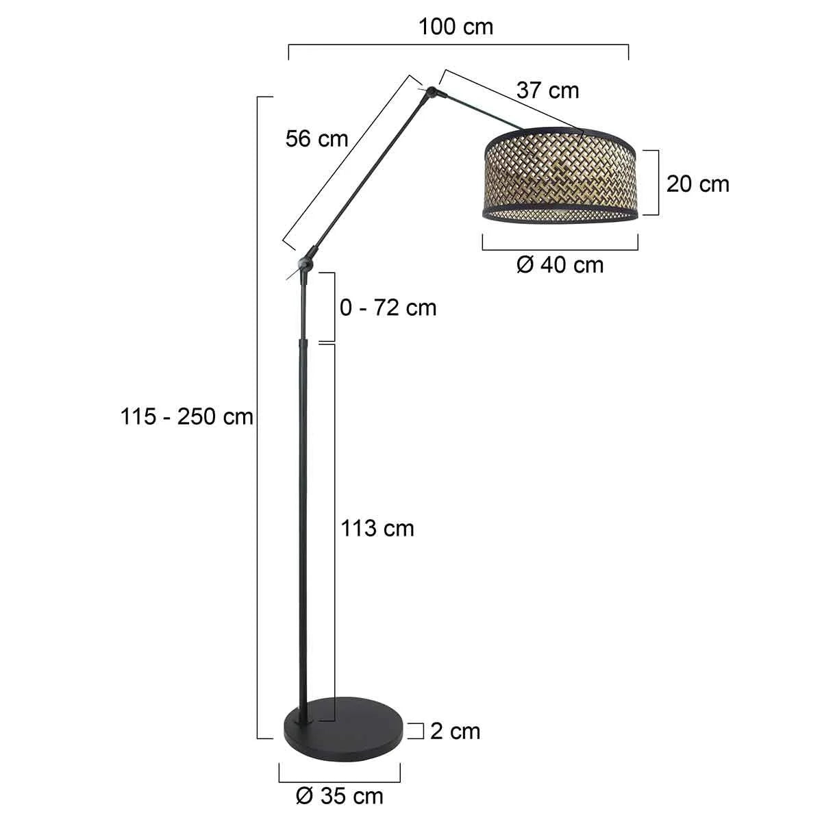 Ampoule d’angle en métal noir avec abat-jour tressé ajustable - H150 cm