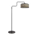 Lampadaire en métal noir avec bras courbé et abat-jour cylindrique, style contemporain