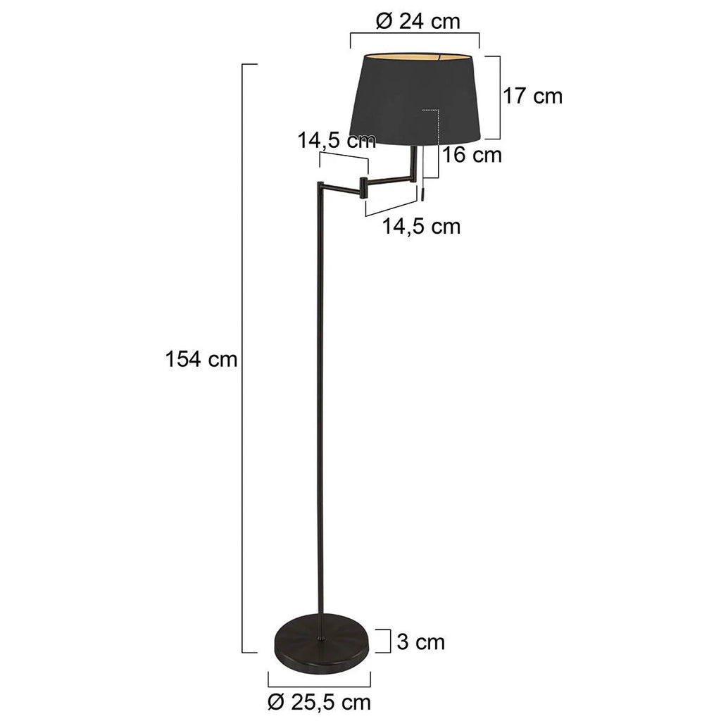 Lampadaire en métal noir mat avec abat-jour conique et bras ajustable, hauteur 154 cm