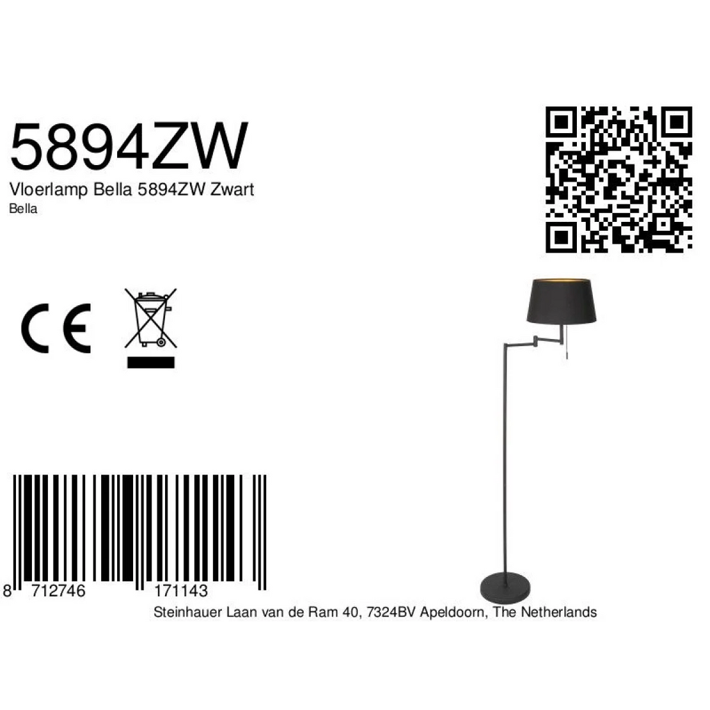 Lampadaire métal noir mat avec abat-jour conique or intérieur, hauteur 154 cm