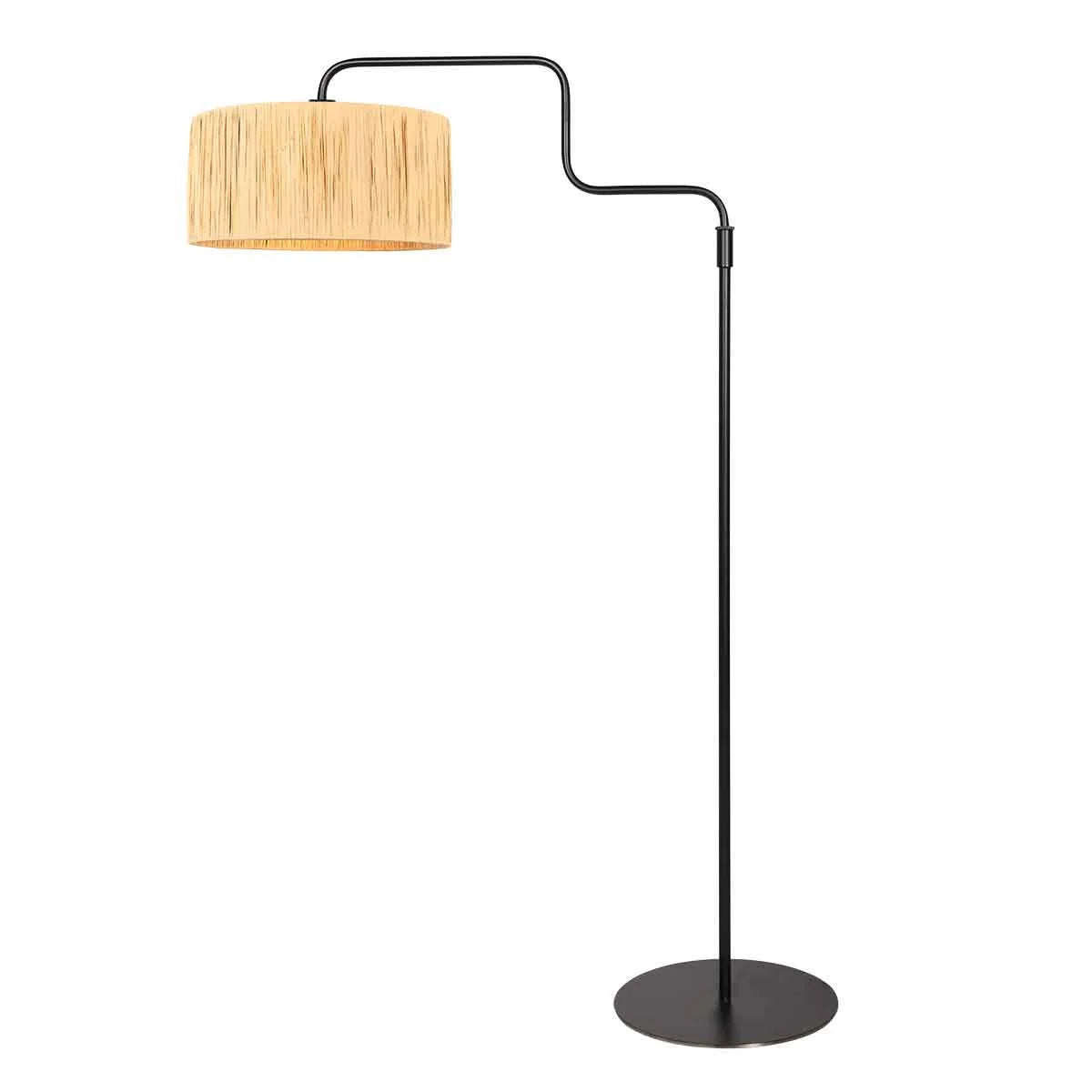 Lampadaire noir avec abat-jour tressé naturel et bras orientable, hauteur 165 cm