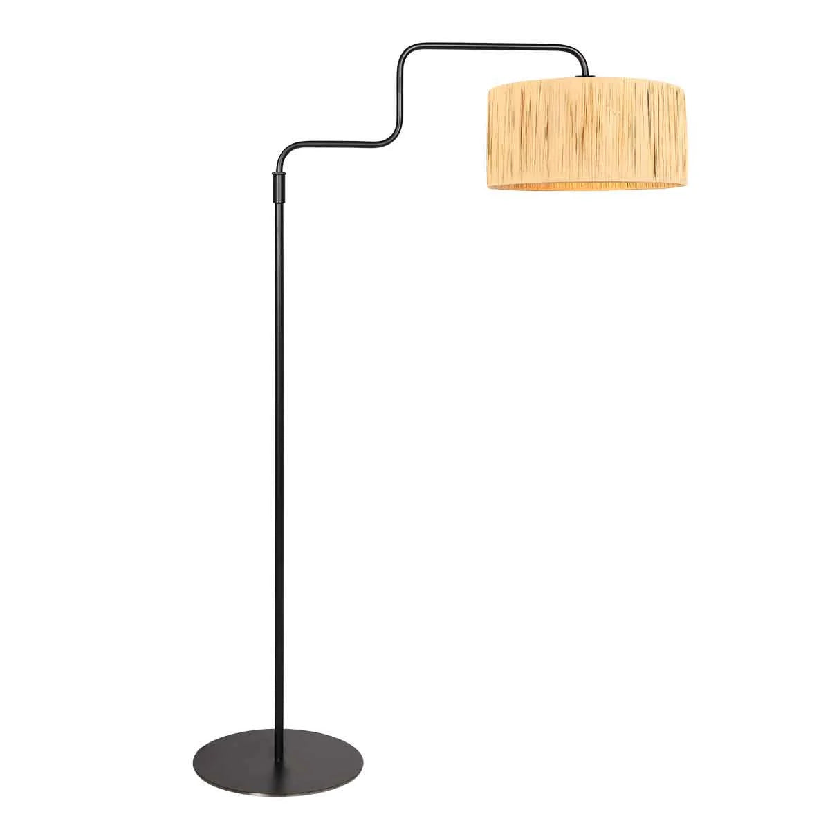 Lampadaire noir avec abat-jour tressé naturel et bras orientable, hauteur 165 cm