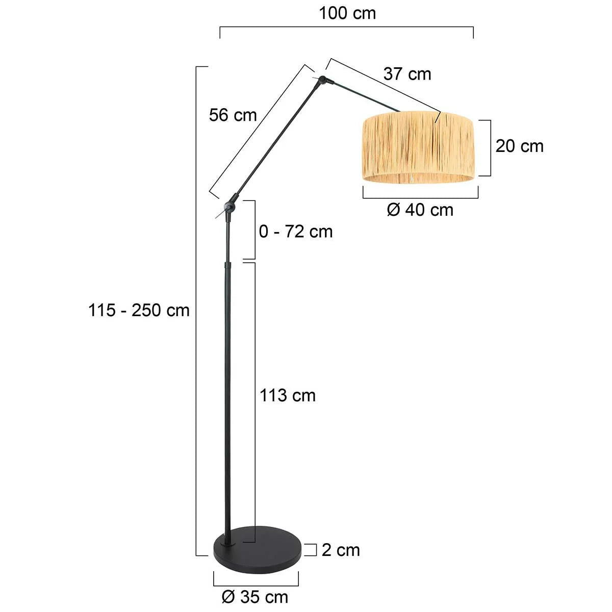Lampadaire rotin naturel avec structure articulée noire et abat-jour en paille moderne