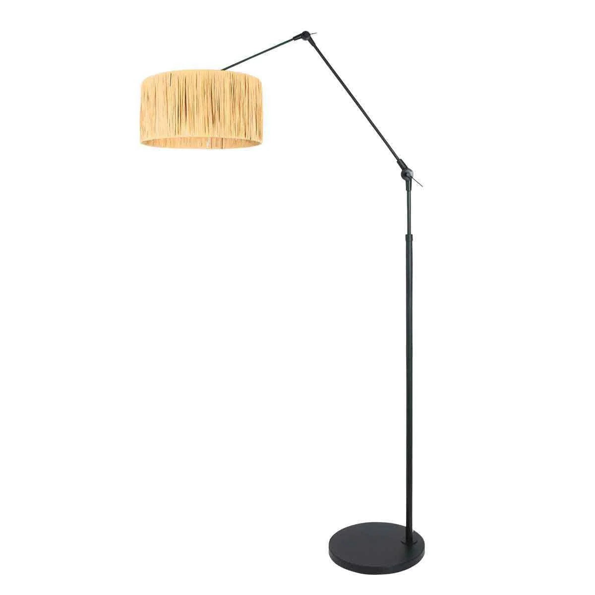 Lampadaire noir avec abat-jour en rotin naturel à franges et structure articulée