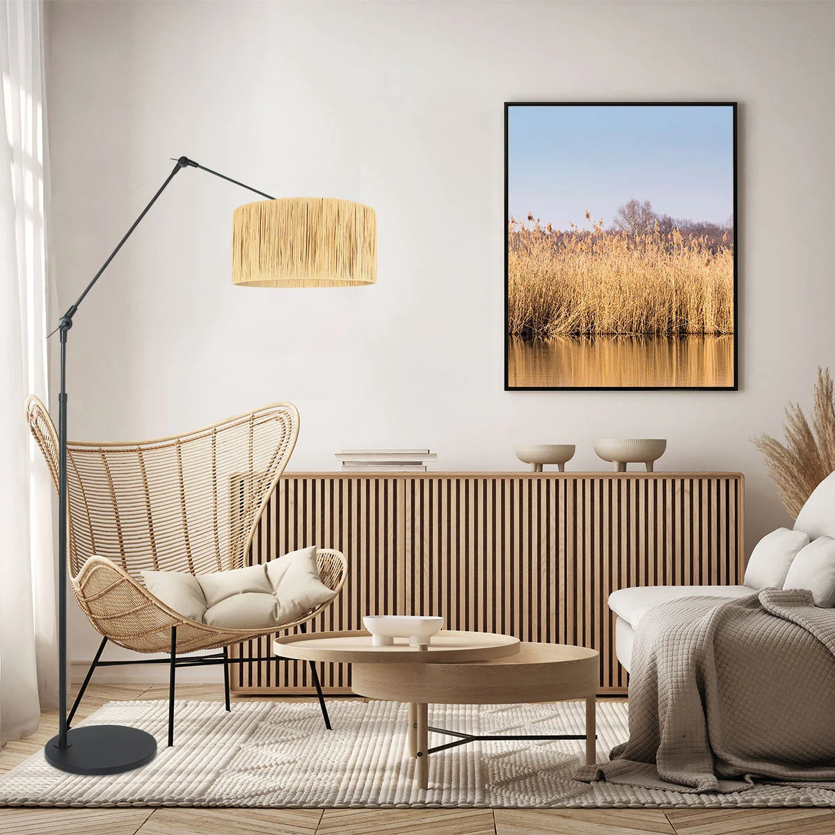 Chaise en rotin naturel avec ailes, structure noire pour Lampadaire rotin naturel Ø40 cm