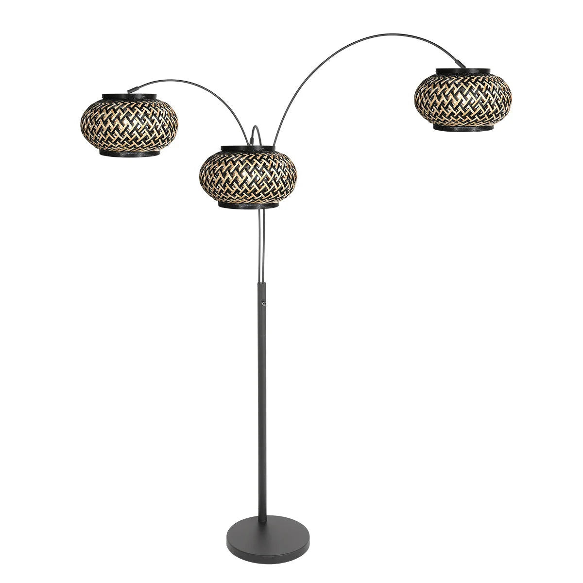 Lampadaire en rotin tressé noir et beige sur trépied métal noir, H180 cm