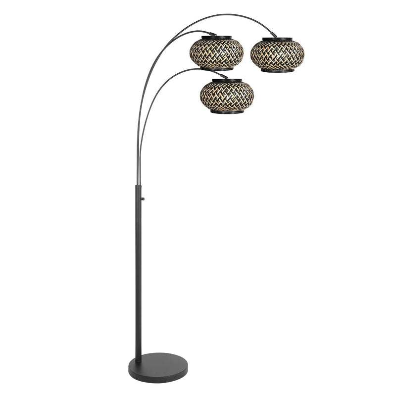 Lampadaire en rotin tressé noir et beige sur arches métal noir – H180 cm