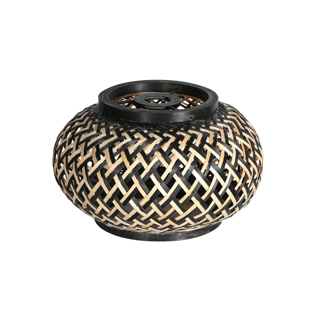 Lampadaire en rotin tressé noir et beige sur arches métal noir H180 cm