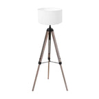 Lampadaire trépied en bois et métal avec abat-jour tambour blanc H170 cm