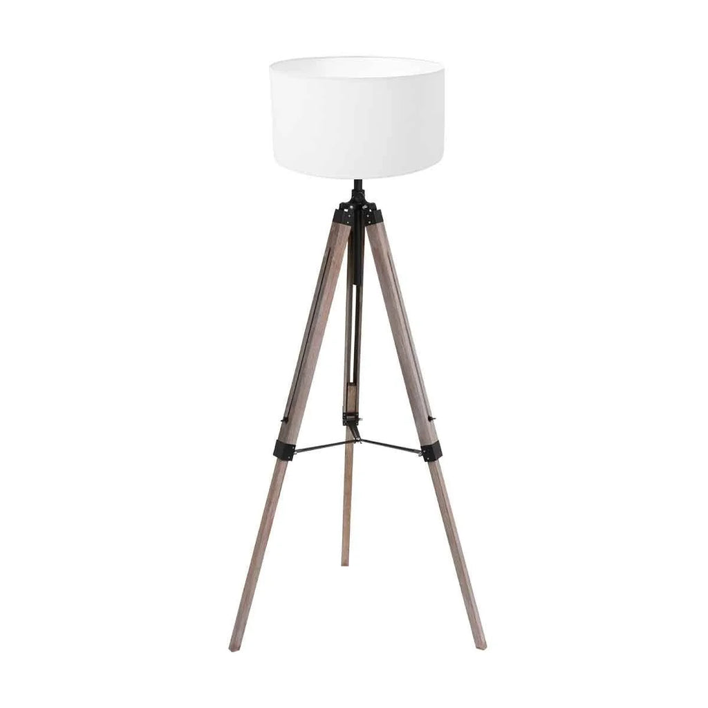 Lampadaire trépied en bois et métal avec abat-jour tambour blanc H170 cm