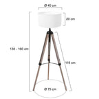 Lampadaire trépied en bois et métal avec abat-jour tambour blanc H170 cm