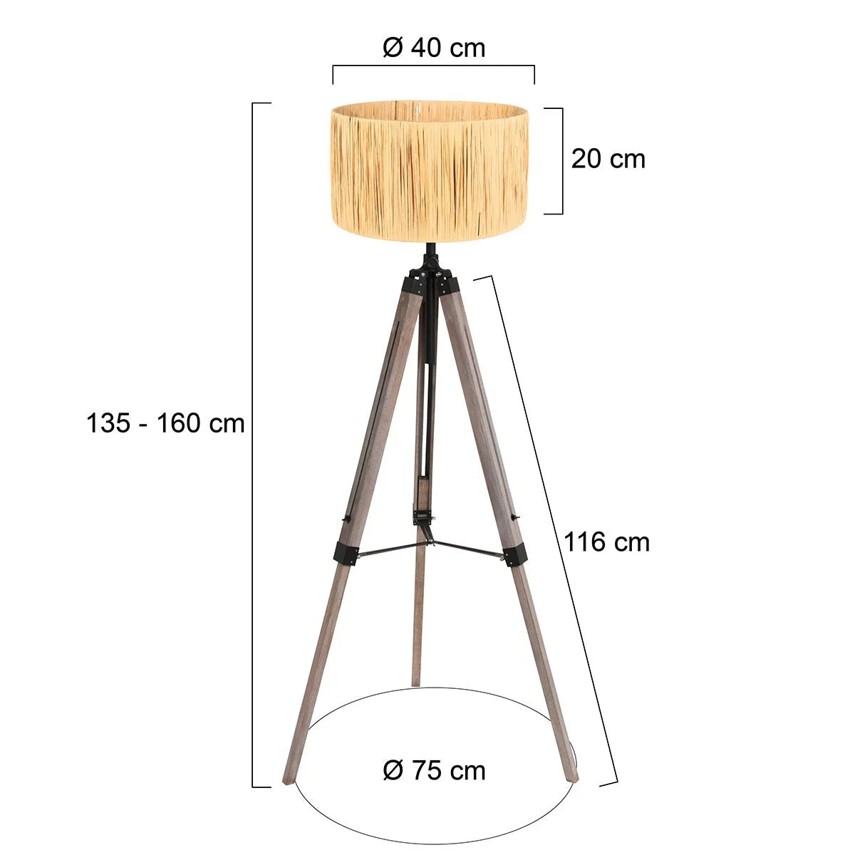 Lampadaire trépied en bois naturel avec abat-jour tressé H170 cm
