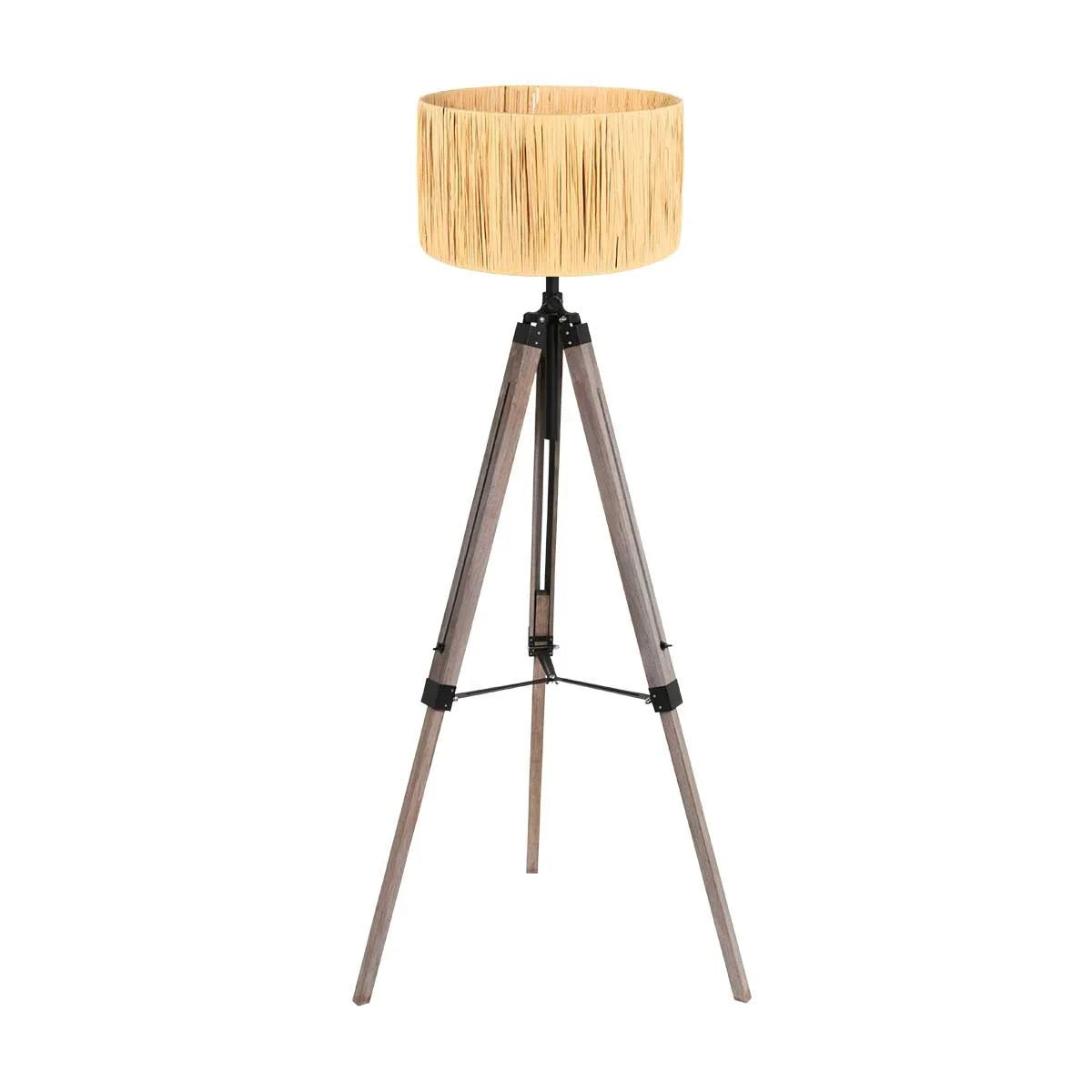 Lampadaire trépied en bois naturel avec abat-jour tressé, hauteur 170 cm
