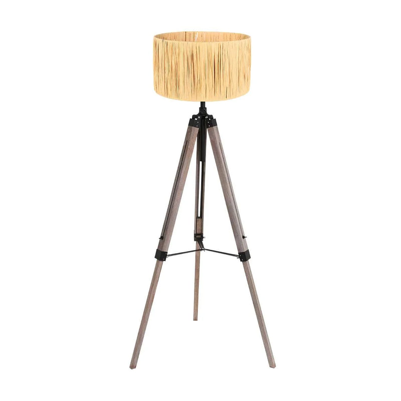 Lampadaire trépied en bois naturel abat-jour tressé – H170 cm