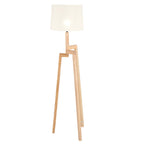 Lampadaire tripode en bois clair avec abat-jour en tissu blanc tambour H135 cm