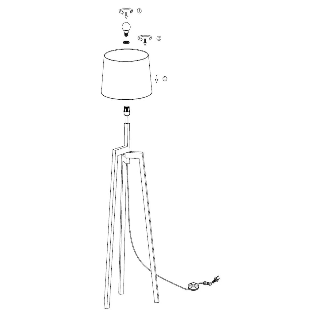 Instructions d’assemblage pour lampadaire tripode en bois clair avec abat-jour blanc