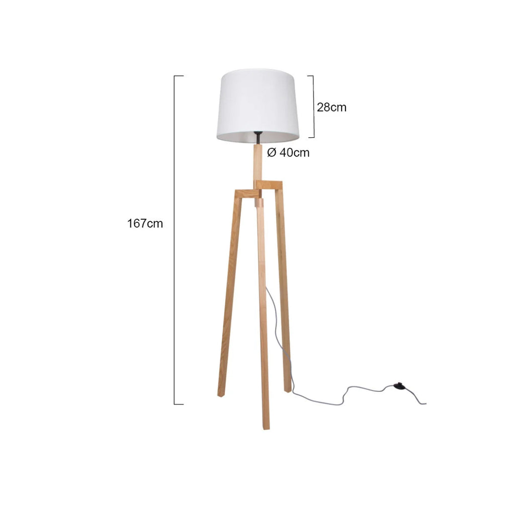 Lampadaire tripode en bois clair avec abat-jour blanc en tissu tambour H135 cm