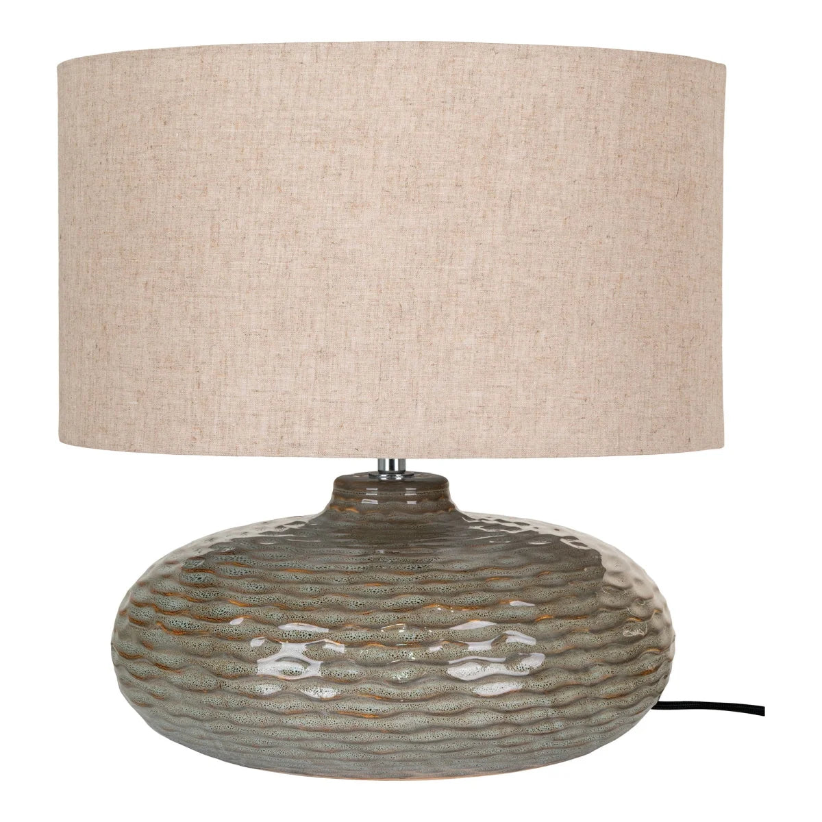Lampe à poser en céramique grise texturée avec abat-jour beige en lin – H44 cm