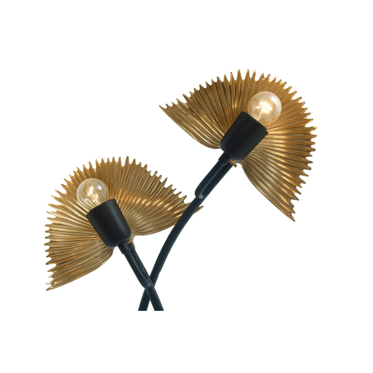 Lampe à poser double feuille dorée en métal sculpté noir et or avec abat-jour fan en or