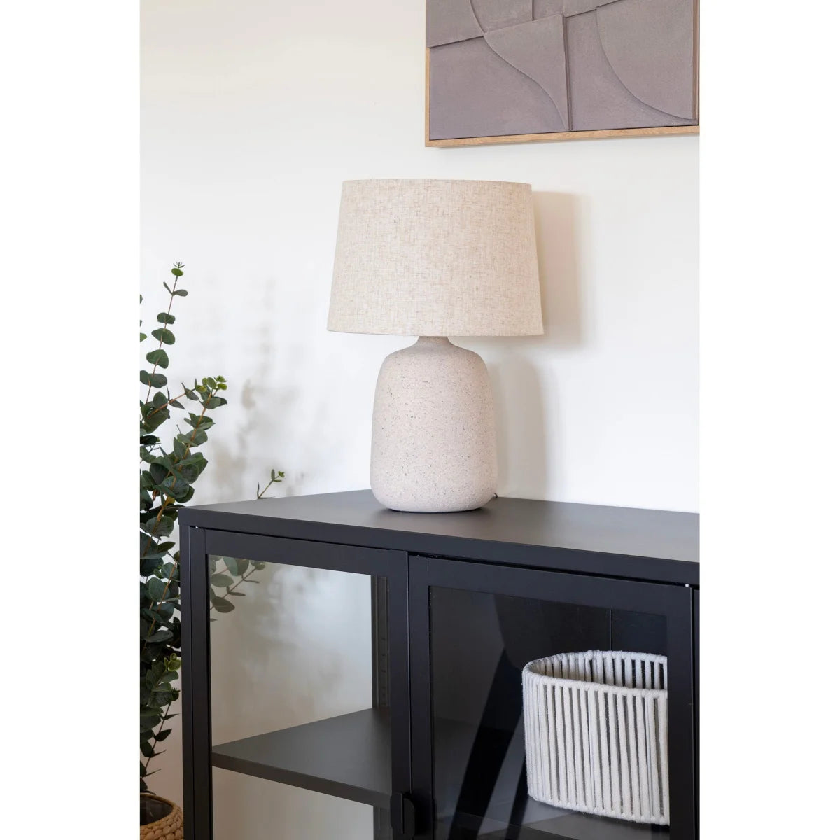 Lampe à poser en céramique beige avec abat-jour en tissu chiné, hauteur 47 cm