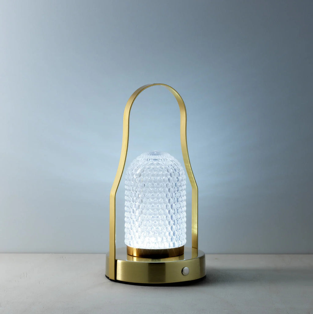 Lampe à poser en laiton avec abat-jour verre texturé effet lanterne H23 cm