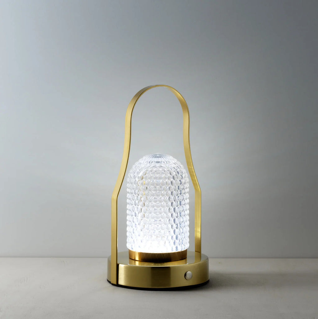 Lampe à poser effet lanterne en laiton et verre texturé, H23 cm