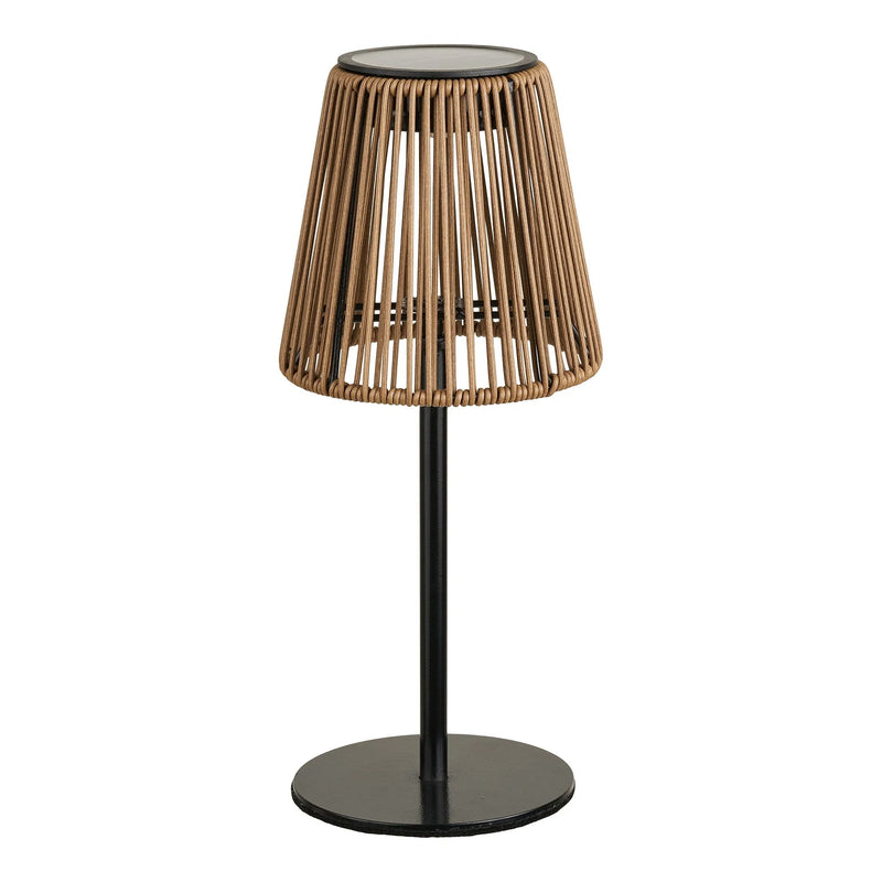 Lampe à poser en rotin ajouré et métal noir pour intérieur ou terrasse – H30 cm