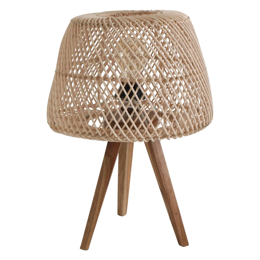 Lampe à poser en rotin naturel avec abat-jour ajouré trépied bois Ø29 cm