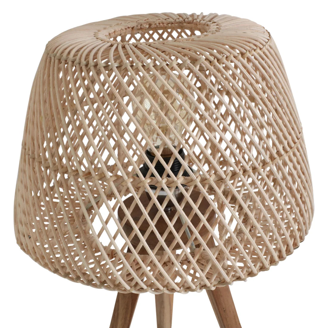 Lampe à poser en rotin naturel avec abat-jour ajouré et trépied bois Ø29 cm