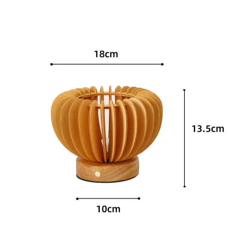 Dimensions de la lampe bois sans fil : hauteur 13,5 cm, diamètre 18 cm, parfaite pour une petite table.