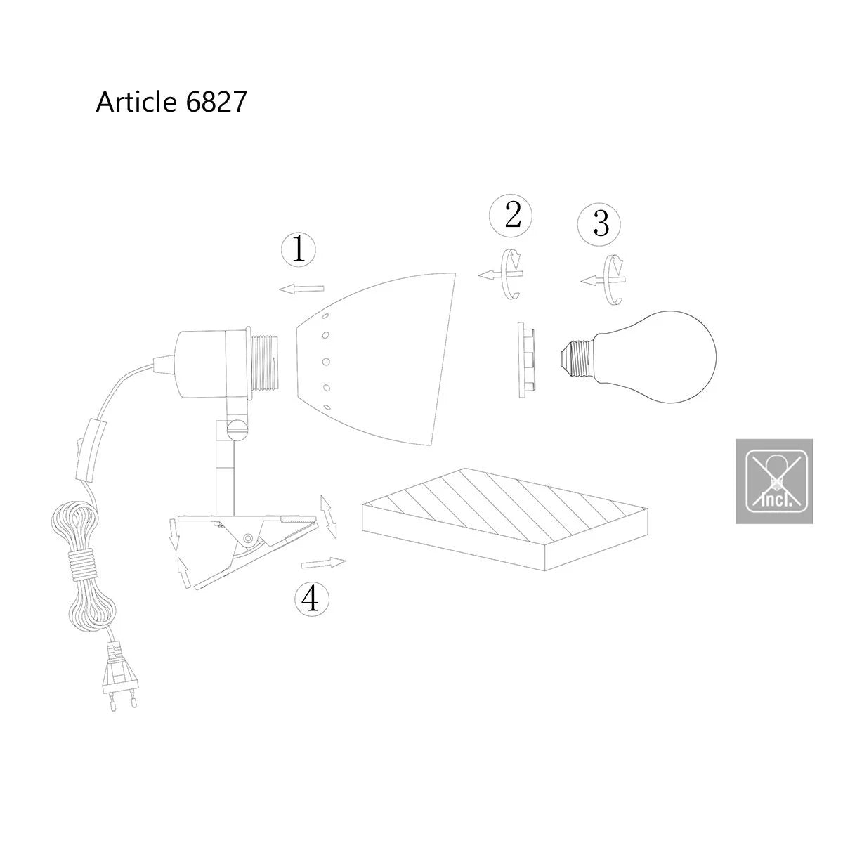 Schéma de montage de la lampe murale à pince en métal blanc orientable avec interrupteur intégré
