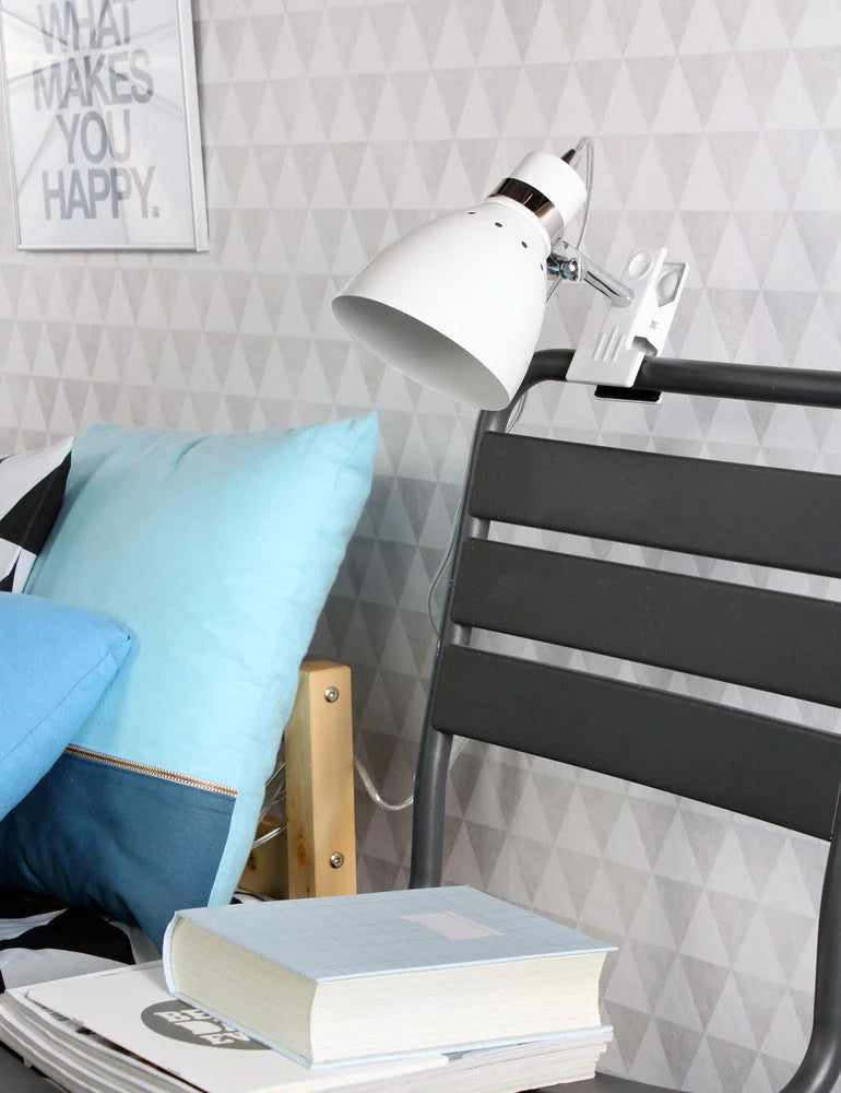 Lampe de bureau clip-on blanche en métal orientable avec interrupteur intégré