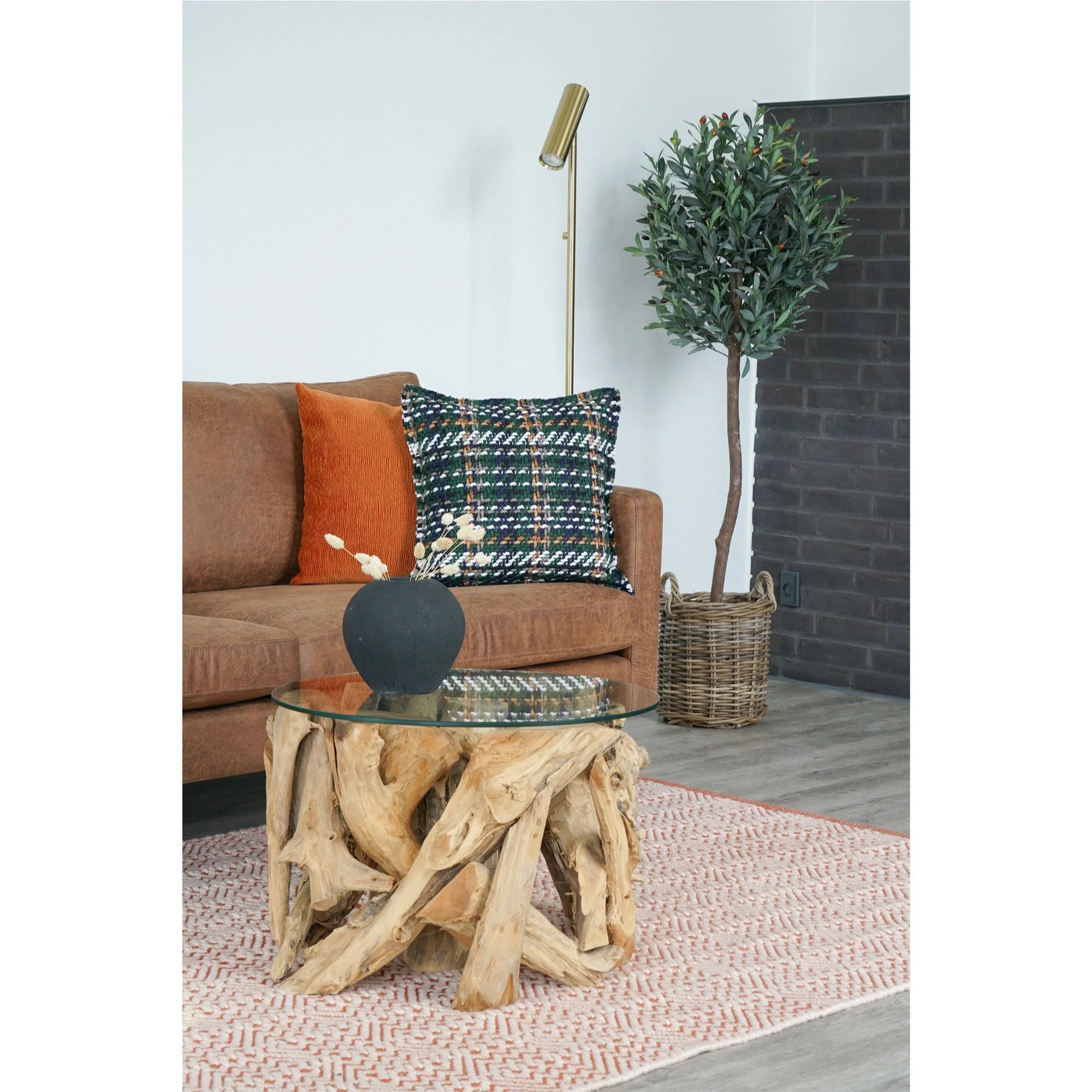 Table basse en bois flotté rustique pour salon ou chambre, lampe sur pied dorée