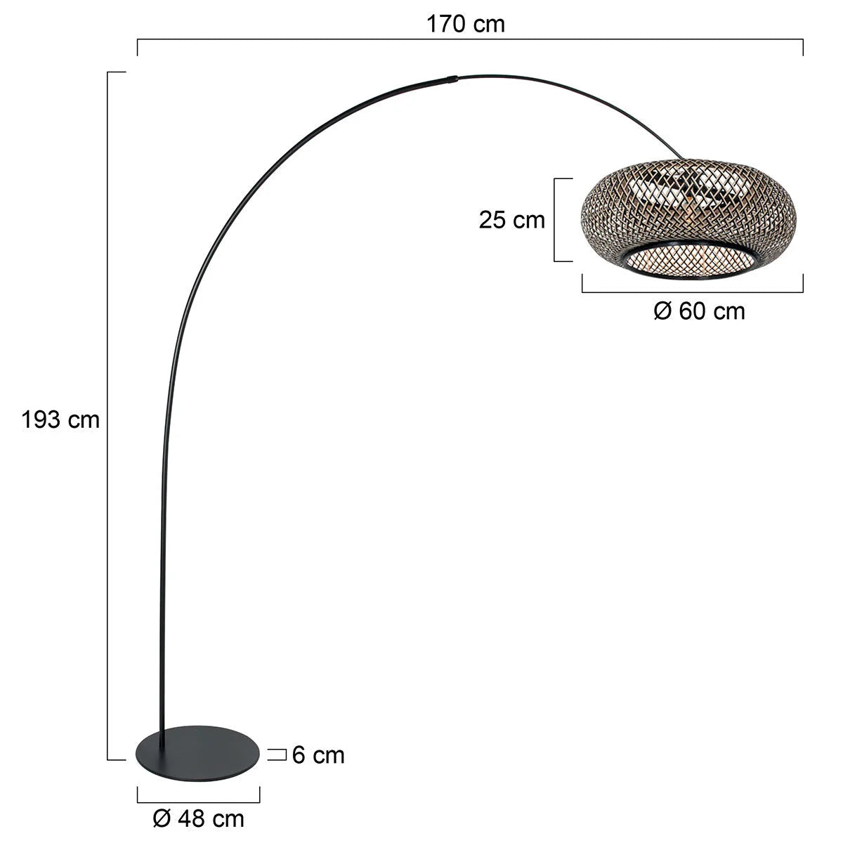Lampe sur pied noire avec abajour en bambou tressé et bras arqué H193 cm