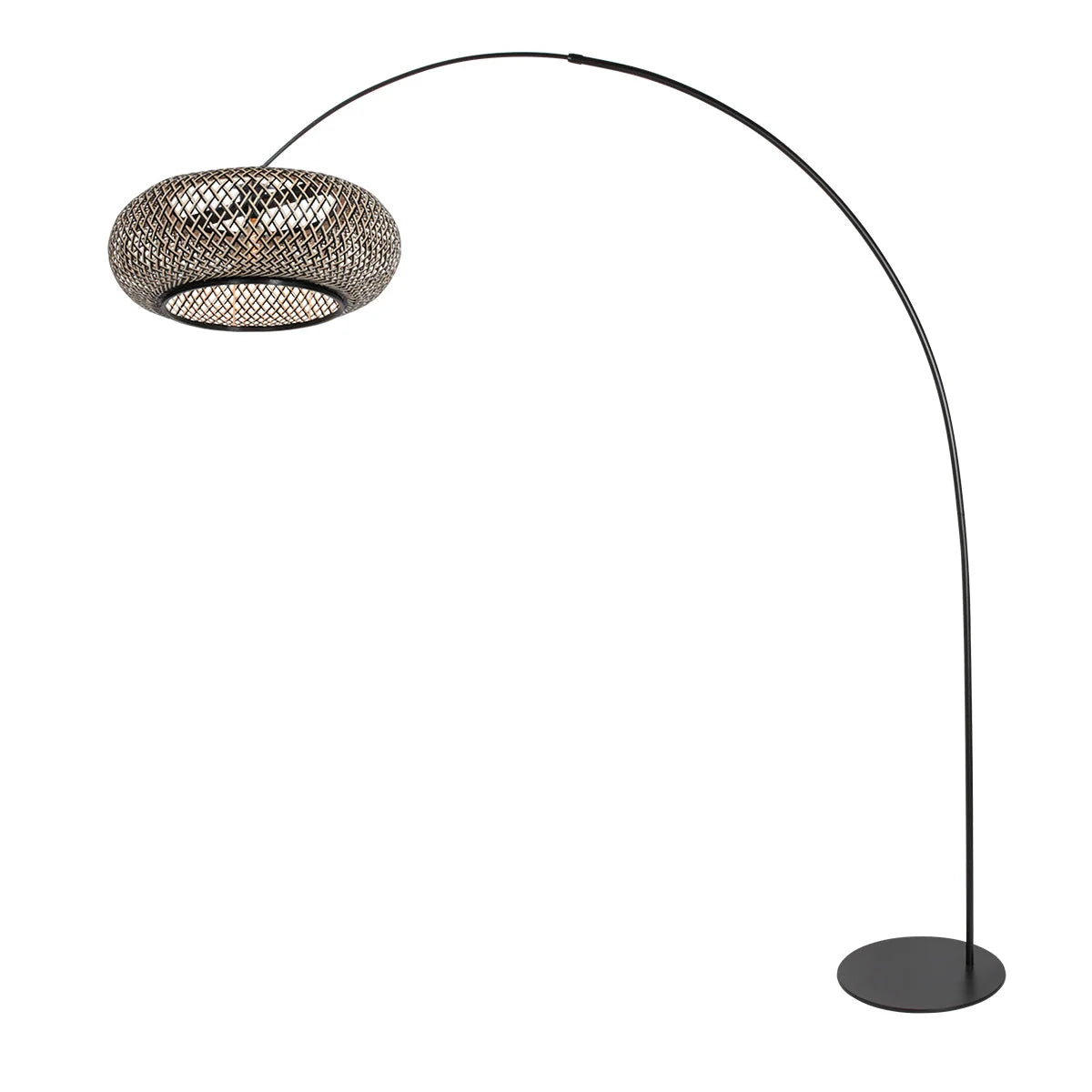 Lampe sur pied noire avec abat-jour en bambou tressé et bras arqué, haut de 193 cm