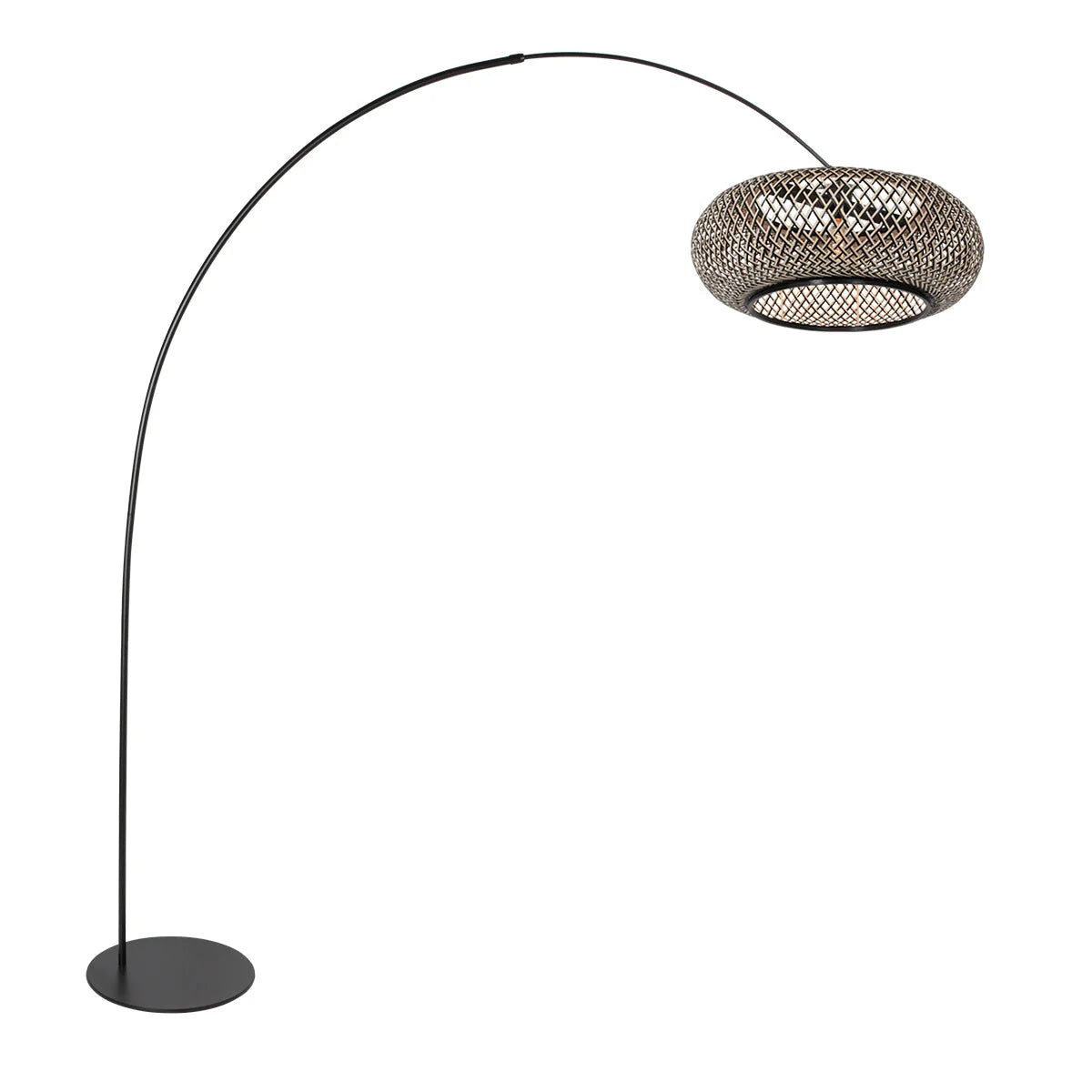Lampe sur pied noire avec abat-jour en bambou tressé et bras arqué H193 cm