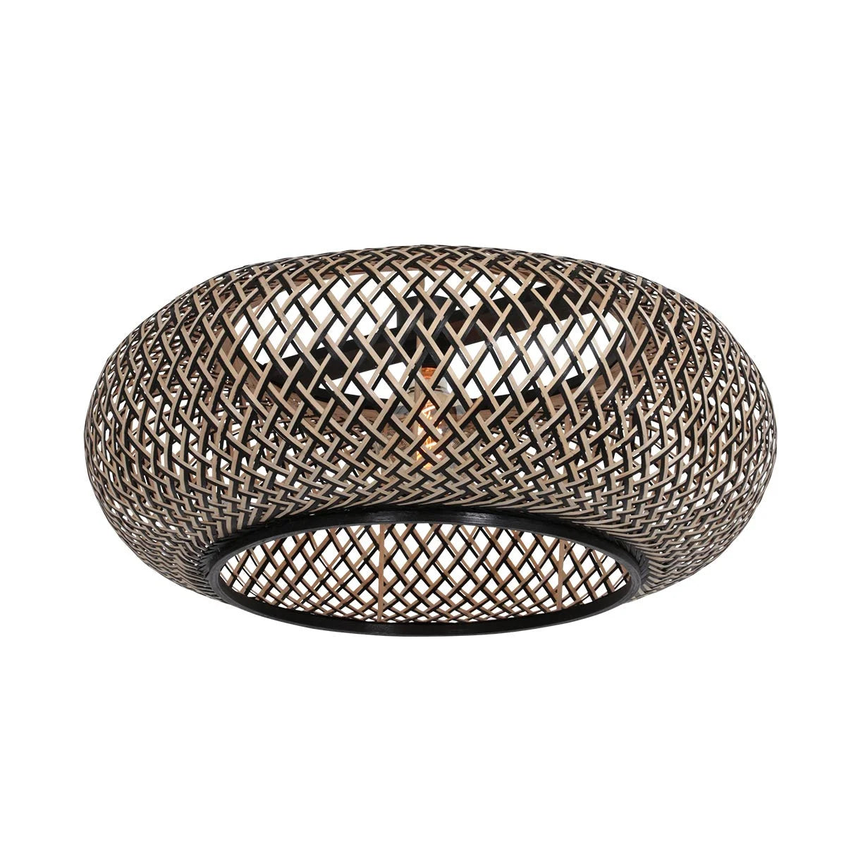 Lustre en rotin tressé pour lampadaire noir avec abat-jour en bambou et bras arqué