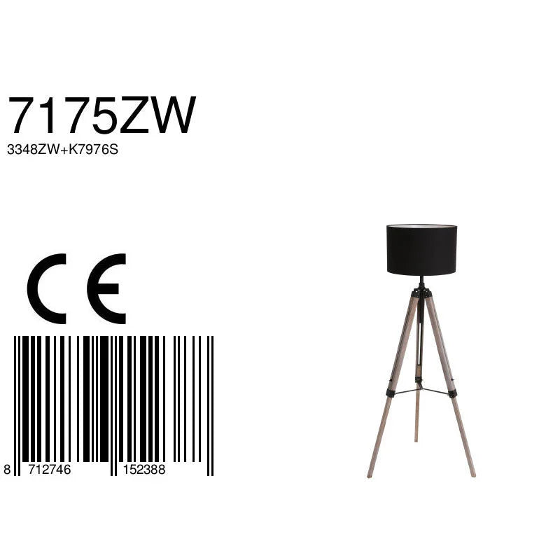 Lampe sur pied trépied en bois avec abat-jour en tissu noir - H165 cm