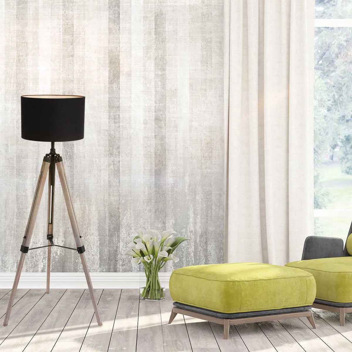 Lampe sur pied trépied en bois avec abat-jour en tissu noir h165 cm