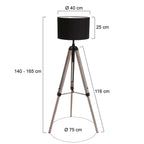 Lampe sur pied trépied en bois avec abat-jour en tissu noir, hauteur 165 cm