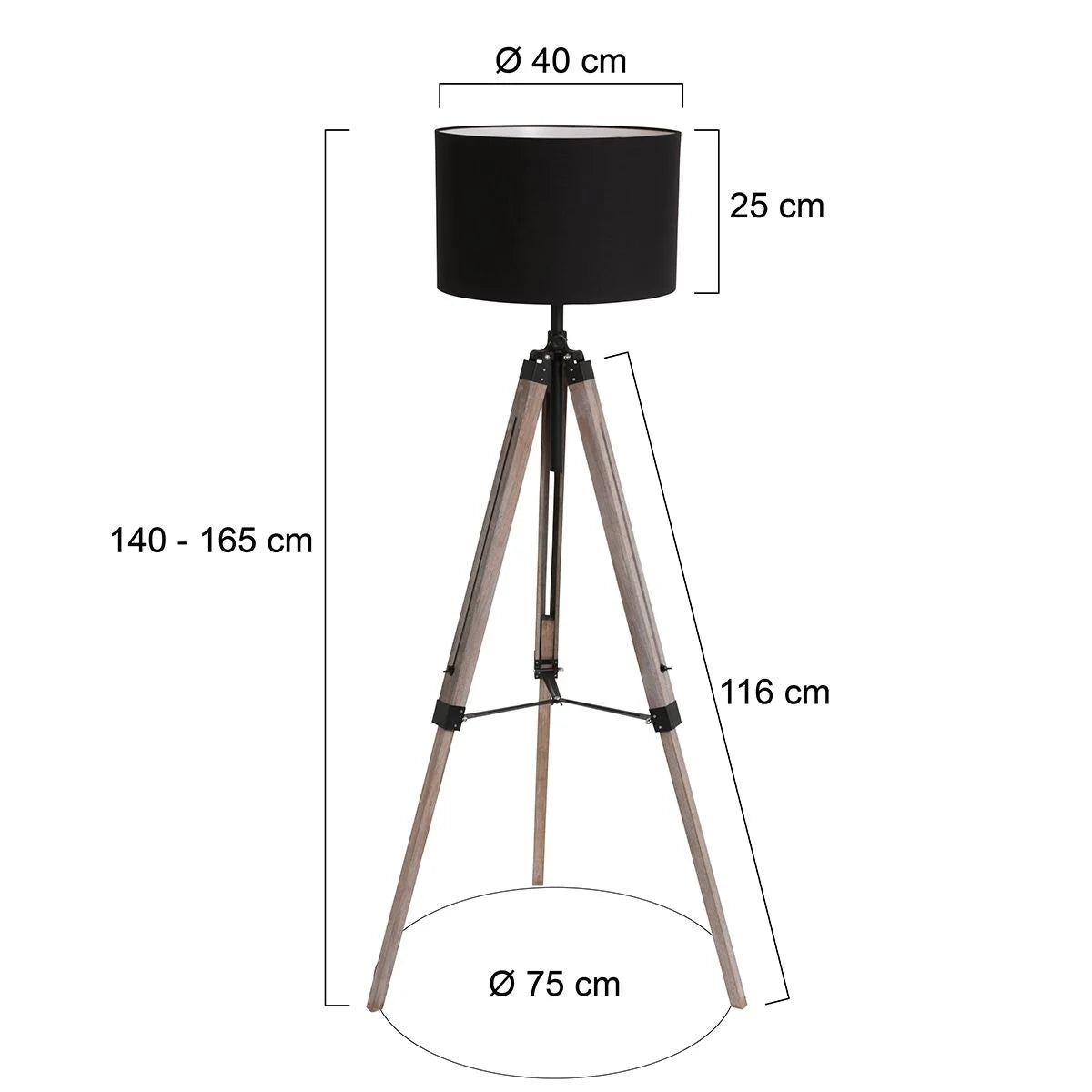 Lampe sur pied trépied en bois avec abat-jour en tissu noir, hauteur 165 cm