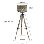 Lampe sur pied tripode en bois et métal avec abat-jour en bambou noir, H170 cm