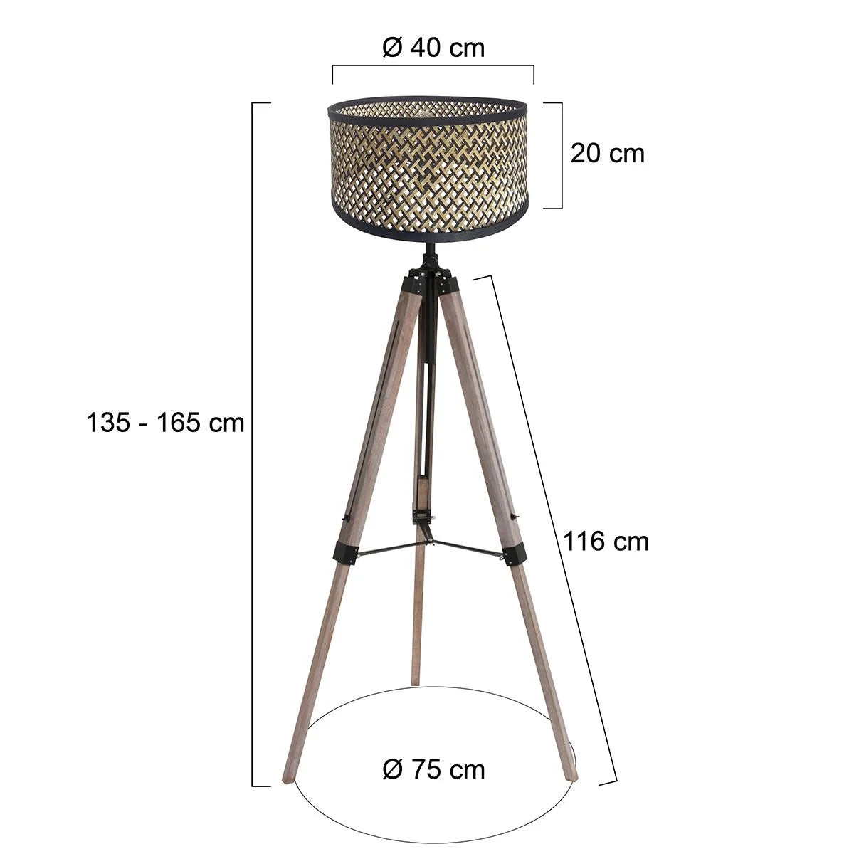 Lampe sur pied tripode en bois et métal avec abat-jour en bambou noir, H170 cm