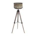 Lampe sur pied trépied en bois et métal avec abat-jour en bambou noir, H170 cm