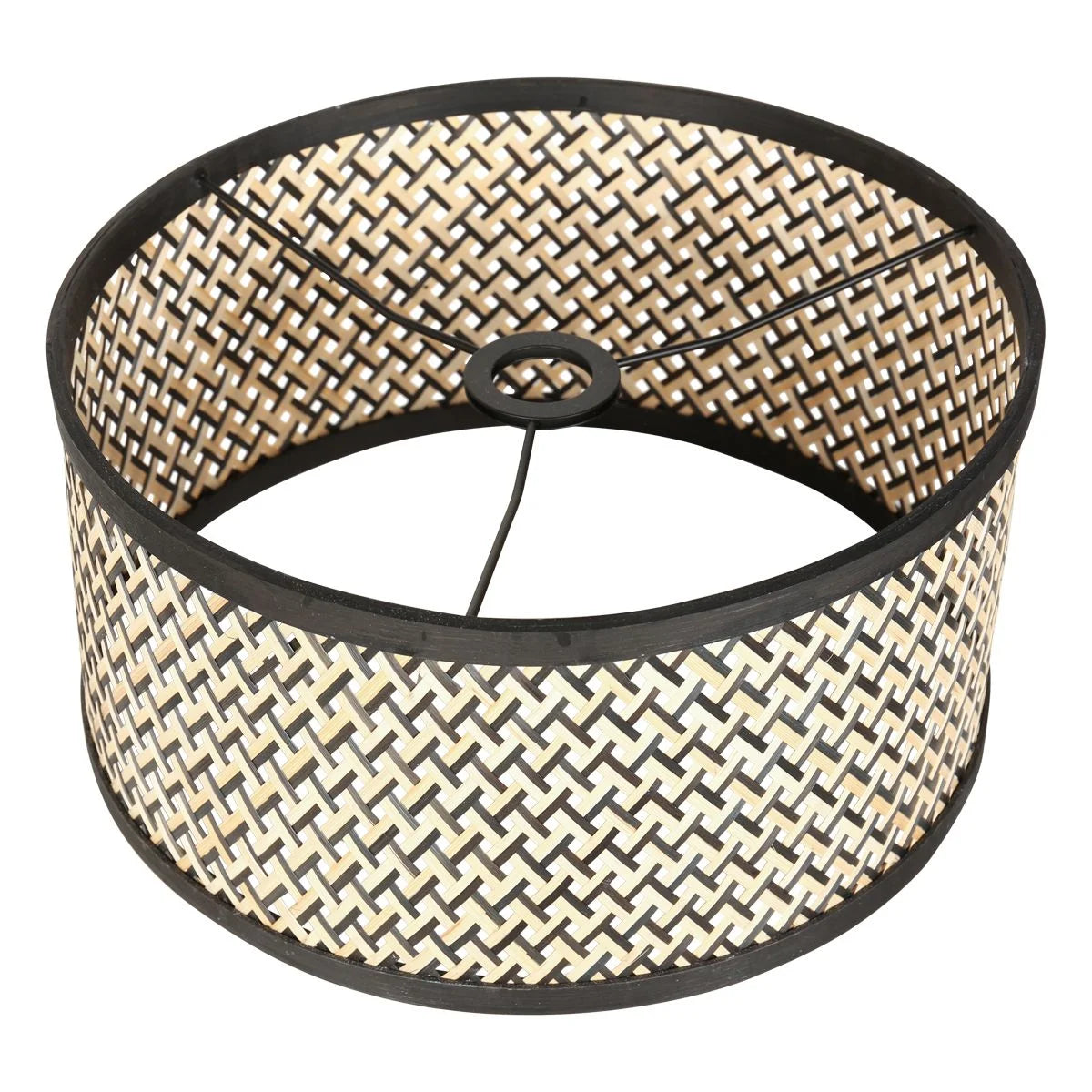 Suspension en rotin tressé avec finition noire pour la lampe sur pied Trépied Bois et Métal abat-jour Bambou Noir H170 cm