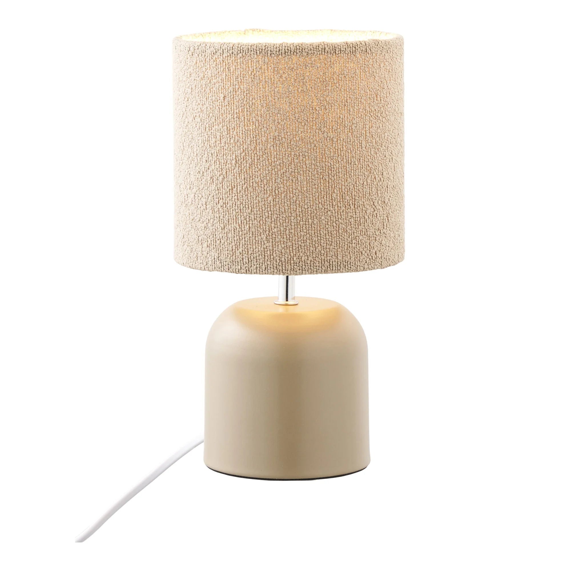 Lampe de table bouclée beige avec abat-jour texturé, base taupe en métal mat, H24 cm