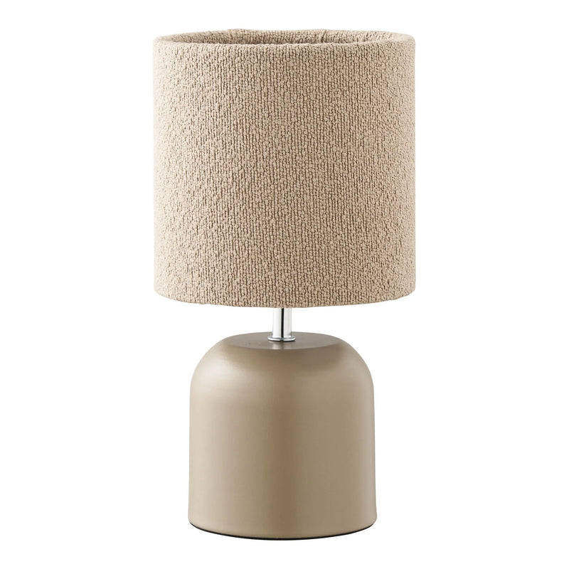 Lampe de table bouclée beige et base taupe en métal mat – H24 cm