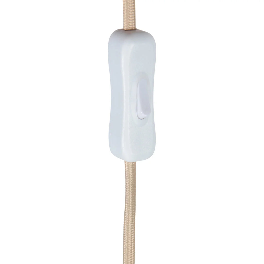 Lampe de table beige en travertin et fibres naturelles H34 cm avec interrupteur céramique blanc à cordon tressé beige