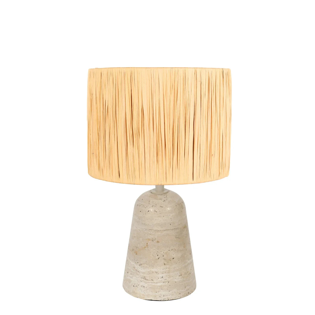 Lampe de table en travertin texturé beige et fibres naturelles, H34 cm